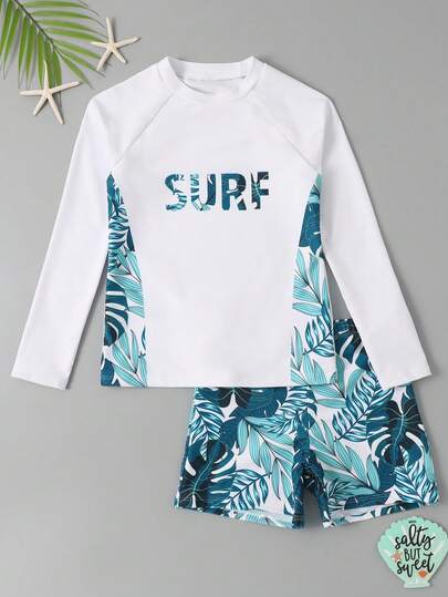 بدلة سباحة للأولاد المراهقين مكونة من قميص رياضي بأكمام طويلة مطبوع بشعار "SURF" وشورت سباحة مطبوع بأوراق نباتية استوائية، مجموعة ملابس سباحة للأولاد المراهقين (8-14 سنة) للشاطئ والسباحة، مجفف سريع وحماية من الأشعة فوق البنفسجية 50+