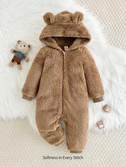 Cozy Pixies جمبسوت رضيع ذات قبعة مبطنة مع تصميم أذن ثلاثي الأبعاد للأولاد