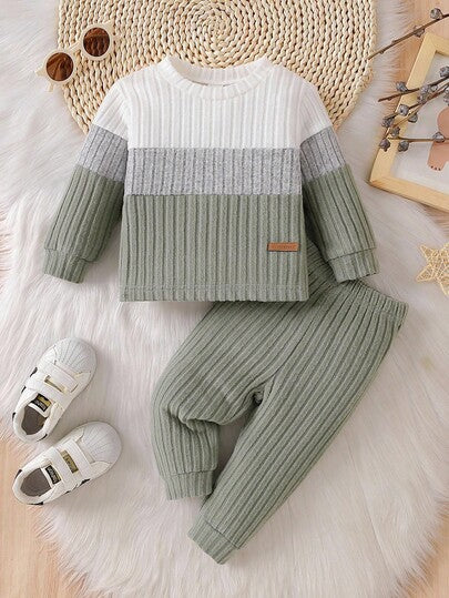 SHEIN Playful Pals مجموعة ملابس أطفال ولد مكونة من 2 قطعة: بلوزة بأكمام طويلة وياقة طاقم ذات ألوان متباينة وبنطال أخضر سادة، مناسبة للخروجات والارتداء اليومي والرياضة والمدرسة، مجموعة ملابس أطفال ولد للخريف، مجموعة ملابس عادية لطفل رضيع، مجموعة ملابس أطفا