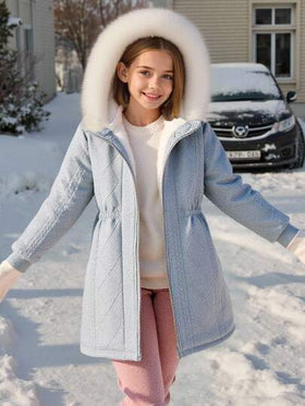 SHEIN معطف محبوك بقلنسوة للبنات المراهقات، متعدد الاستخدامات للمدرسة واليومي، ذو ياقة دافئة ونسيج متموج، مناسب للخريف والشتاء