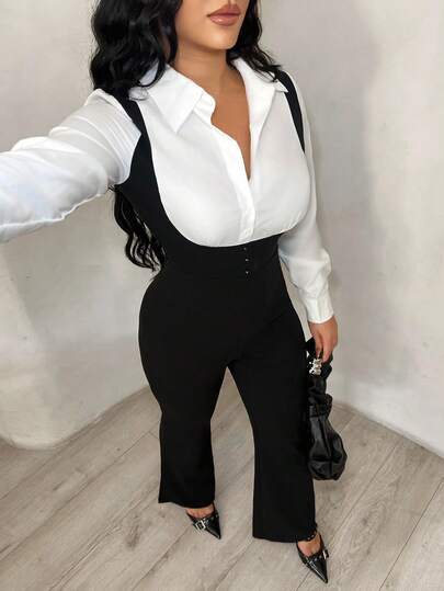 SHEIN SXY جمبسوت طويلة الأكمام كاجوال بألوان متباينة أسود وأبيض، ملابس كاجوال منحنية للأعمال، جمبسوت أسود وأبيض للنساء، أنيقة للمرأة، بذلات طويلة الأكمام للمرأة، طقم ملابس مكتبية للنساء