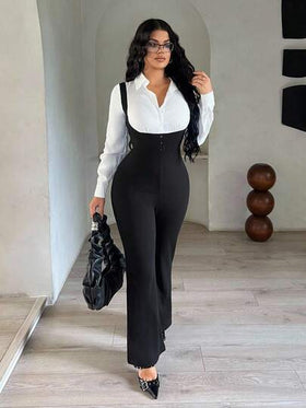 SHEIN SXY جمبسوت طويلة الأكمام كاجوال بألوان متباينة أسود وأبيض، ملابس كاجوال منحنية للأعمال، جمبسوت أسود وأبيض للنساء، أنيقة للمرأة، بذلات طويلة الأكمام للمرأة، طقم ملابس مكتبية للنساء