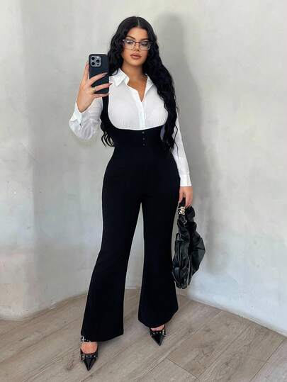 SHEIN SXY جمبسوت طويلة الأكمام كاجوال بألوان متباينة أسود وأبيض، ملابس كاجوال منحنية للأعمال، جمبسوت أسود وأبيض للنساء، أنيقة للمرأة، بذلات طويلة الأكمام للمرأة، طقم ملابس مكتبية للنساء