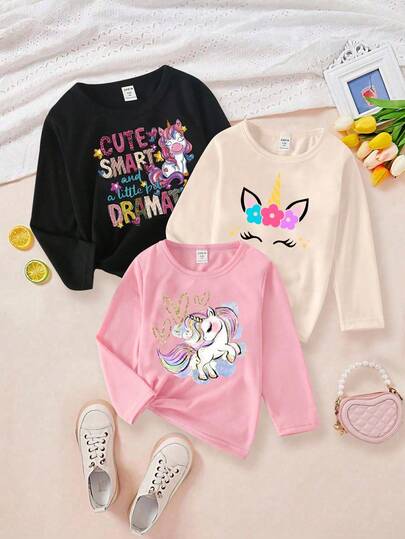 SHEIN 3 قطعة/مجموعة تيشيرتات كاجوال طويلة الأكمام للبنات الصغيرات بطباعة شعارات وصور وحيد القرن، موديلات أساسية مناسبة للخريف والشتاء، تيشيرتات وبلوزات بنمط وحيد القرن للبنات الأطفال