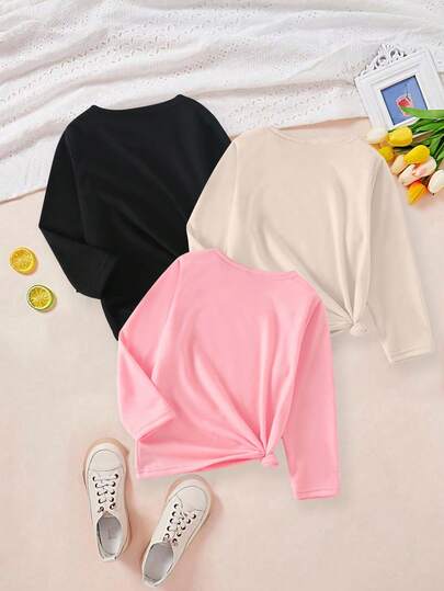 SHEIN 3 قطعة/مجموعة تيشيرتات كاجوال طويلة الأكمام للبنات الصغيرات بطباعة شعارات وصور وحيد القرن، موديلات أساسية مناسبة للخريف والشتاء، تيشيرتات وبلوزات بنمط وحيد القرن للبنات الأطفال