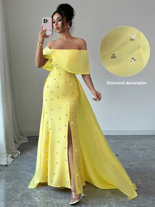 Elenzga فستان ماكسي أنيق للسيدات بتصميم كاب منحني الكتف، أنيق وحلو، مناسب لبداية الخريف، العودة إلى المدرسة، الحفلات، ملابس المعلمين، باللون الأصفر، بتصميم سيلويت على شكل حرف S، شق عالي، حافة سمكة