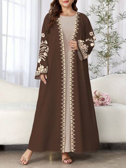 SHEIN Najma عباية نسائية كاجوال بأكمام طويلة وطبعات زهرية، مناسبة للربيع والخريف، مقاسات كبيرة