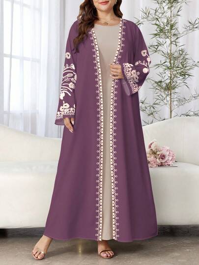 SHEIN Najma عباية كاجوال طويلة الأكمام مطبوعة بالزهور للنساء ذوات الأحجام الكبيرة، للربيع والخريف