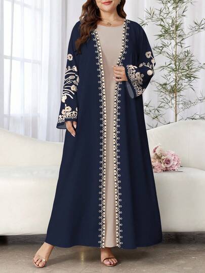 SHEIN Najma عباية كاجوال طويلة الأكمام مطبوعة بطراز زهري رجعي مناسبة للمرأة البدينة، مناسبة للربيع والخريف