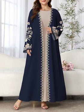 SHEIN Najma عباية كاجوال طويلة الأكمام مطبوعة بطراز زهري رجعي مناسبة للمرأة البدينة، مناسبة للربيع والخريف