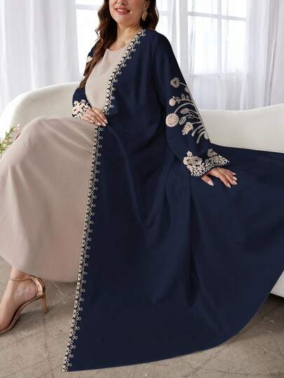 SHEIN Najma عباية كاجوال طويلة الأكمام مطبوعة بطراز زهري رجعي مناسبة للمرأة البدينة، مناسبة للربيع والخريف