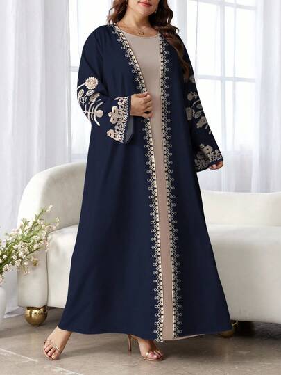 SHEIN Najma عباية كاجوال طويلة الأكمام مطبوعة بطراز زهري رجعي مناسبة للمرأة البدينة، مناسبة للربيع والخريف