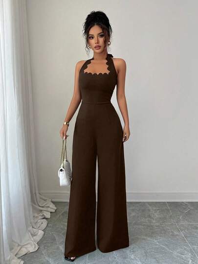 Selianne جمبسوت نسائية أنيقة ذات ساق واسعة وحزام رقبة مموج، مناسبة للتنقل والمواعدة والعطلات