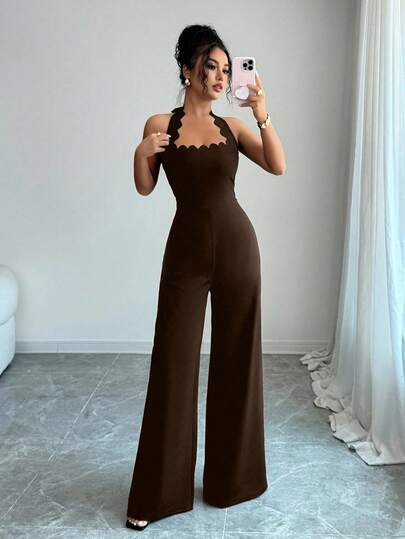 Selianne جمبسوت نسائية أنيقة ذات ساق واسعة وحزام رقبة مموج، مناسبة للتنقل والمواعدة والعطلات
