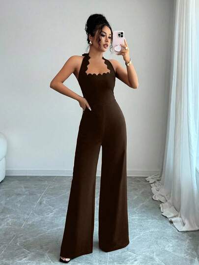 Selianne جمبسوت نسائية أنيقة ذات ساق واسعة وحزام رقبة مموج، مناسبة للتنقل والمواعدة والعطلات