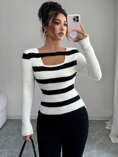 Elenzga ملابس علوية كنزة صوفية محبوكة بياقة مربعة وخطوط متباينة، تصميم فريد، بسيط، متعدد الاستخدامات، مخفف للحجم، للارتداء اليومي للنساء