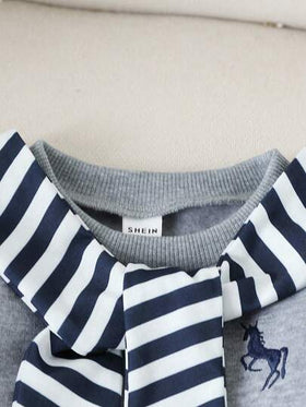 SHEIN Playful Pals 3 قطع طقم ملابس شتوية للأطفال الرضع الصبيان، يتكون من بلوزة رقبة طاقم مطرزة بنمط مبطنة حرارياً وبنطال ذو طوق شال مخطط، مجموعة ملابس كاجوال للأطفال الرضع في فصل الخريف والشتاء
