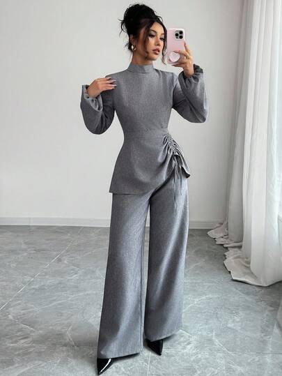 SHEIN Elenzya مجموعة من قطعتين تتكون من ملابس علوية بياقة عالية وأكمام فانوس مع خصر مربوط وبنطال واسع الساق، مناسبة للمعلمات في فصلي الربيع والخريف