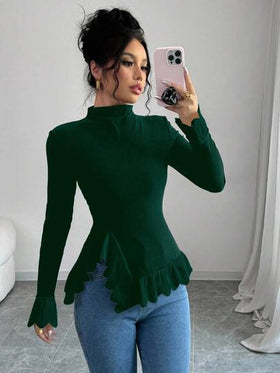 Elenzga بلوزة نسائية ذات ياقة عالية أكمام طويلة وحواف غير متماثلة بلون أحادي ضيقة