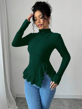 Elenzga بلوزة نسائية ذات ياقة عالية أكمام طويلة وحواف غير متماثلة بلون أحادي ضيقة