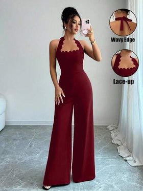 Elenzga جمبسوت نسائية أنيقة ذات ساق واسعة وحزام رقبة متموج، مناسبة للتنقل والمواعدة والعطلات