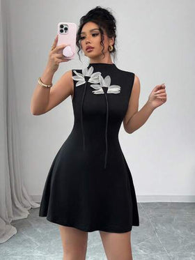 Elenzga فستان أنيق جميل مع زخارف ثلاثية الأبعاد للنساء بدون أكمام وطول ميني