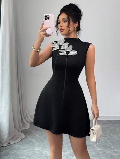 Elenzga فستان أنيق جميل مع زخارف ثلاثية الأبعاد للنساء بدون أكمام وطول ميني