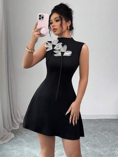 Elenzga فستان أنيق جميل مع زخارف ثلاثية الأبعاد للنساء بدون أكمام وطول ميني
