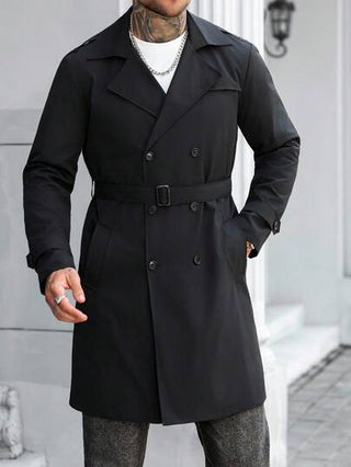 Manfinity Homme معطف ترنش أسود عادي مقاس كبير مزدوج الصدر بياقة واسعة للرجال، معطف ترنش كاجوال عادي هدية للصديق أو الزوج في المناسبات