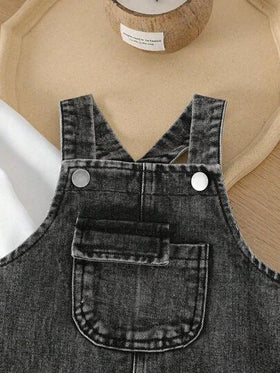 SHEIN طقم بنطال جينز كاجوال وبلوزة طويلة الأكمام بياقة دائرية للأطفال الصبيان