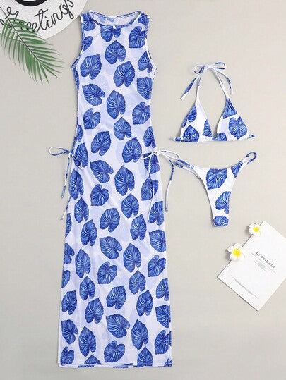SHEIN Swim مجموعة بيكيني على شكل مثلث عشوائي مع غطاء شاطئ متخيل وردي، عنق معصم