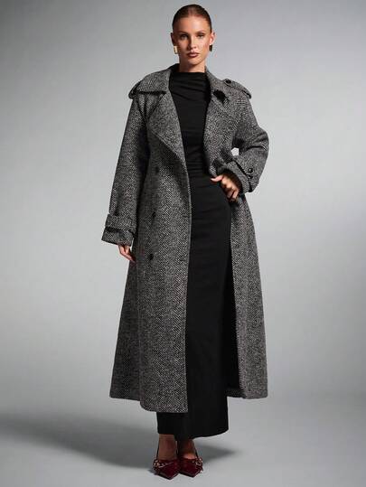 SHEIN BAE معطف طويل مزدوج الصدر بطبعات على الياقة، معطف طويل للنساء، معطف ترنش للنساء، معطف صوف للنساء، معطف صوف غليظ النسيج، معطف كاجوال أنيق للخريف/الشتاء