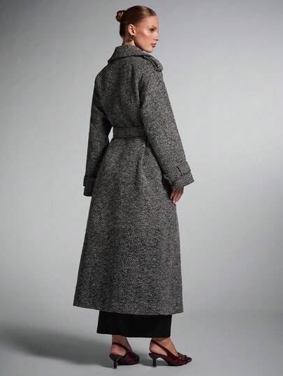 SHEIN BAE معطف طويل مزدوج الصدر بطبعات على الياقة، معطف طويل للنساء، معطف ترنش للنساء، معطف صوف للنساء، معطف صوف غليظ النسيج، معطف كاجوال أنيق للخريف/الشتاء