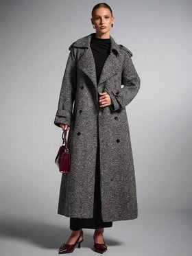 SHEIN BAE معطف طويل مزدوج الصدر بطبعات على الياقة، معطف طويل للنساء، معطف ترنش للنساء، معطف صوف للنساء، معطف صوف غليظ النسيج، معطف كاجوال أنيق للخريف/الشتاء