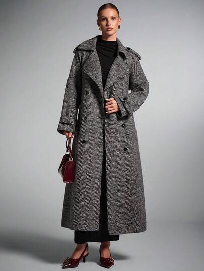 SHEIN BAE معطف طويل مزدوج الصدر بطبعات على الياقة، معطف طويل للنساء، معطف ترنش للنساء، معطف صوف للنساء، معطف صوف غليظ النسيج، معطف كاجوال أنيق للخريف/الشتاء