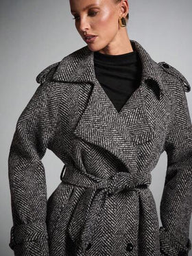 SHEIN BAE معطف طويل مزدوج الصدر بطبعات على الياقة، معطف طويل للنساء، معطف ترنش للنساء، معطف صوف للنساء، معطف صوف غليظ النسيج، معطف كاجوال أنيق للخريف/الشتاء