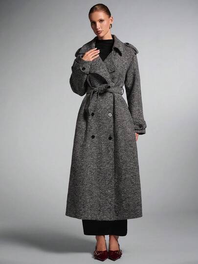 SHEIN BAE معطف طويل مزدوج الصدر بطبعات على الياقة، معطف طويل للنساء، معطف ترنش للنساء، معطف صوف للنساء، معطف صوف غليظ النسيج، معطف كاجوال أنيق للخريف/الشتاء