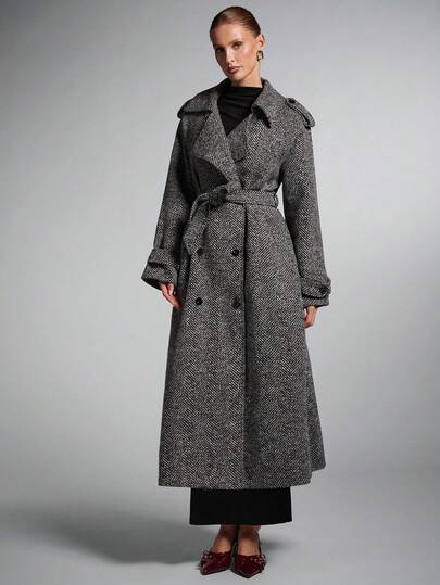SHEIN BAE معطف طويل مزدوج الصدر بطبعات على الياقة، معطف طويل للنساء، معطف ترنش للنساء، معطف صوف للنساء، معطف صوف غليظ النسيج، معطف كاجوال أنيق للخريف/الشتاء