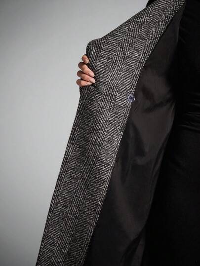 SHEIN BAE معطف طويل مزدوج الصدر بطبعات على الياقة، معطف طويل للنساء، معطف ترنش للنساء، معطف صوف للنساء، معطف صوف غليظ النسيج، معطف كاجوال أنيق للخريف/الشتاء