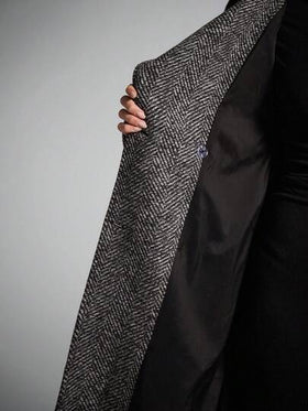 SHEIN BAE معطف طويل مزدوج الصدر بطبعات على الياقة، معطف طويل للنساء، معطف ترنش للنساء، معطف صوف للنساء، معطف صوف غليظ النسيج، معطف كاجوال أنيق للخريف/الشتاء
