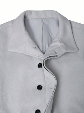 Manfinity Homme معطف طويل أحادي الصدر بأكمام طويلة وبلون أحادي للرجال، معطف خارجي رمادي، موضة الأموال القديمة، خريف وشتاء