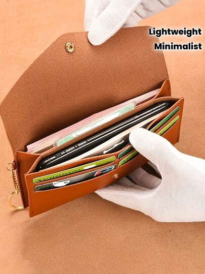 محفظة نسائية رفيعة مع إغلاق بزر وفتحات للبطاقات وجيب للعملات - جلد اصطناعي خفيف الوزن، محفظة طويلة، مع سلسلة مفاتيح ذهبية اللون، متعددة الألوان (خوخي/أزرق فاتح/بني داكن/بنفسجي/أحمر/أسود)، منظم مدمج، تصميم بسيط، ملمس ناعم، محفظة صغيرة، هدية عملية