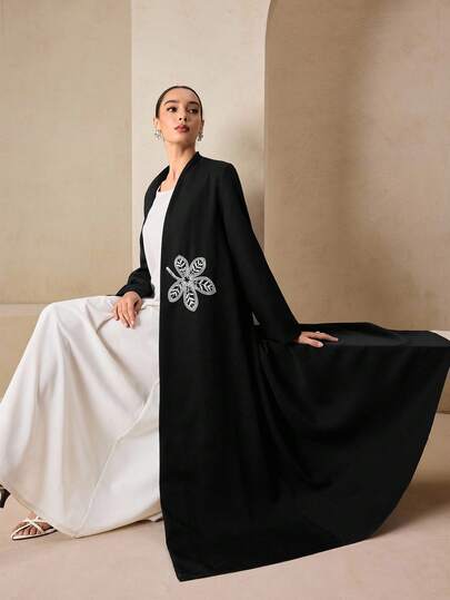 Graceveil عباءة نسائية أنيقة مطرزة بلون أحادي للارتداء اليومي، أسود، خريف/شتاء