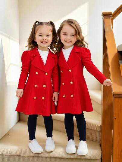 Emery Rose Kids Emery Rose Kids معطف مناسب للفتيات الصغيرات بتصميم لون أحادي، ياقة صدر مزدوجة الصدر، مناسب للارتداء اليومي والخارجي، مناسب للربيع/الخريف/الشتاء