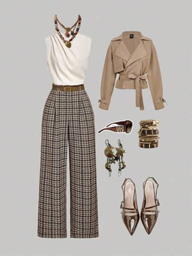 SHEIN MOD جمبسوت نسائية أنيقة بتصميم واسع الساق بدون أكمام مع قصات ملونة وطبعات مربعات
