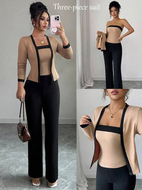 Elenzga طقم ملابس علوية كم طويل وسترة داخلية وبنطلون للنساء، ذو تصميم أنيق مناسب للذهاب إلى العمل