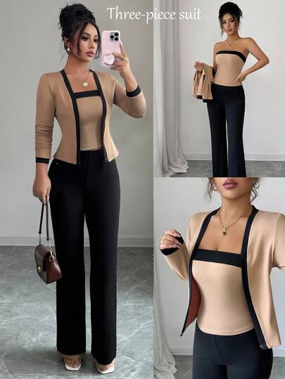 Elenzga طقم ملابس علوية كم طويل وسترة داخلية وبنطلون للنساء، ذو تصميم أنيق مناسب للذهاب إلى العمل