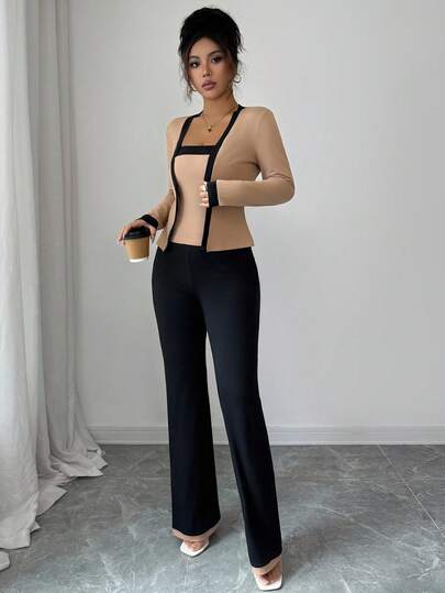 Elenzga طقم ملابس علوية كم طويل وسترة داخلية وبنطلون للنساء، ذو تصميم أنيق مناسب للذهاب إلى العمل