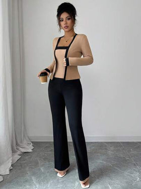Elenzga طقم ملابس علوية كم طويل وسترة داخلية وبنطلون للنساء، ذو تصميم أنيق مناسب للذهاب إلى العمل