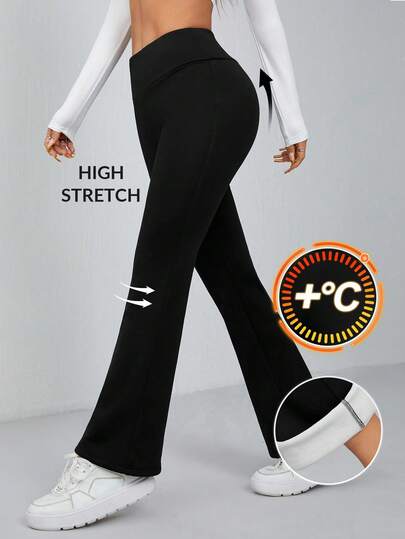 SHEIN Serisse Kids بنطلون كاجوال مناسب للفتيات المراهقات، بتصميم بسيط وقابل للتمدد، مبطن بالحرارة، مناسب للعودة إلى المدرسة، بنطلون أسود واسع